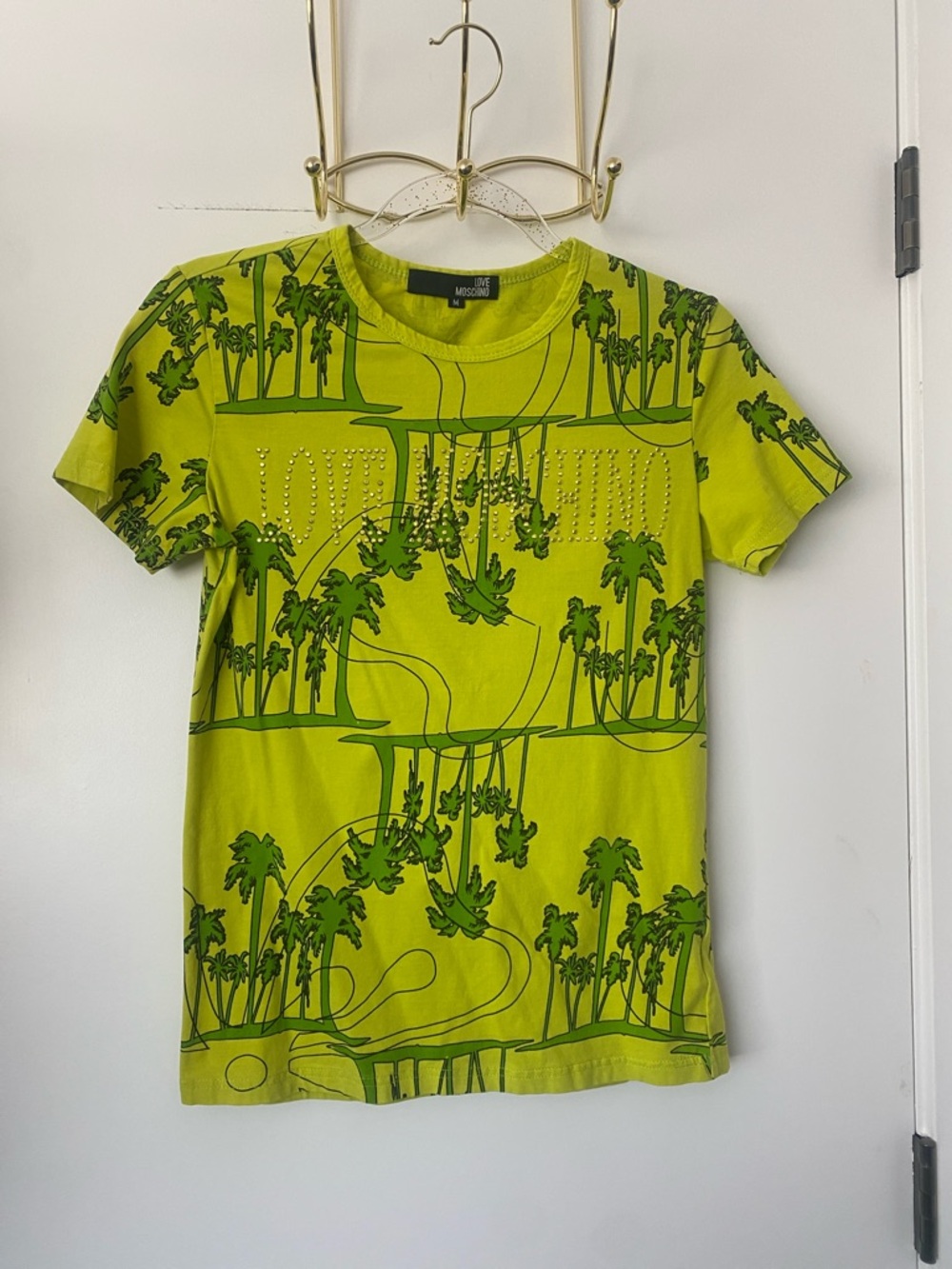 LOVE MOSCHINO Neon Green Palm Print Tee with gold studs 🌴